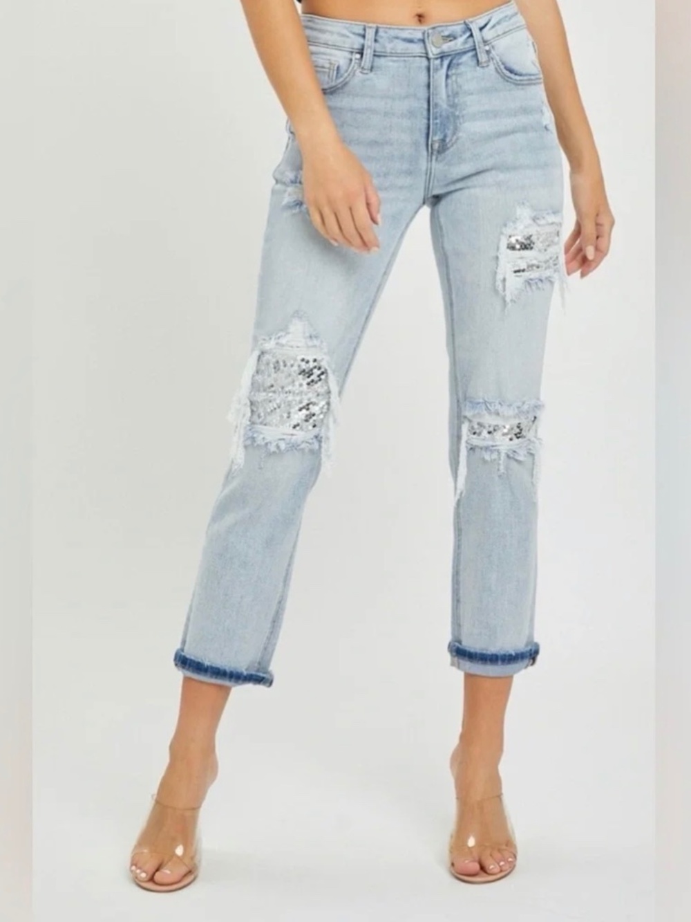 Risen boyfriend sequin crop jeans